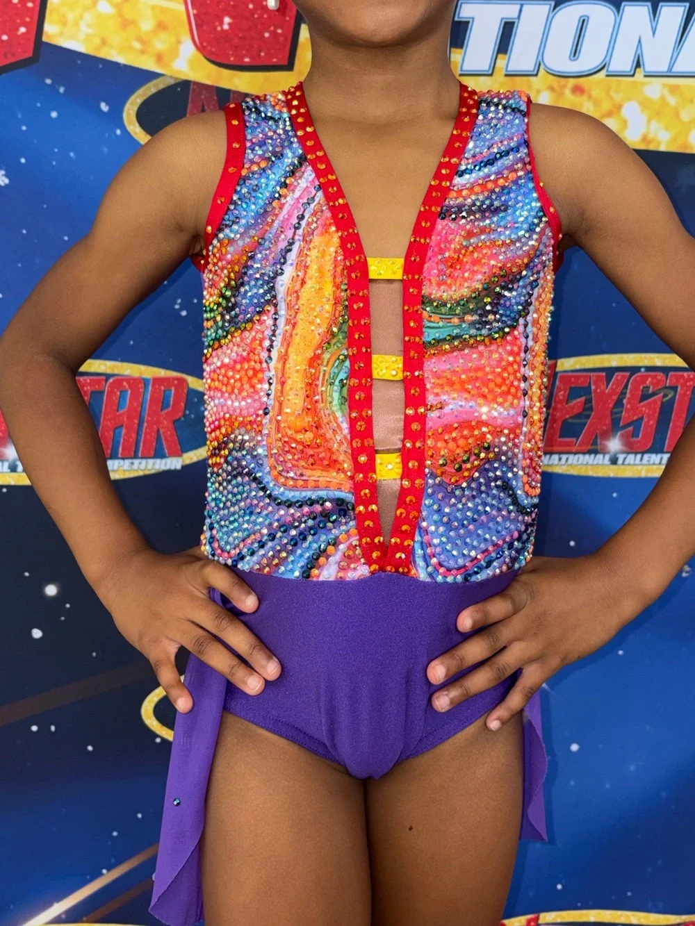 Heavily Rhinestoned Girls' Multicolor & Purple Dance Costume with Red Trim